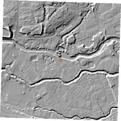 Shaded relief map of the ground around TN91GH, computed from Environment Agency LiDAR. The ground here sits at about 22 m above sea level and falls 13 m across the surrounding 800 m. Surface water reaching this point runs off ground lying to the north-west, 0.5 m higher.