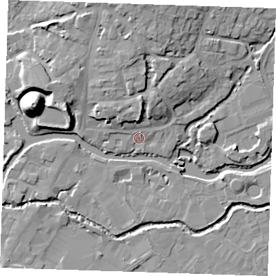 Shaded relief map of the ground around TN91GJ, computed from Environment Agency LiDAR. The ground here sits at about 23 m above sea level and falls 22 m across the surrounding 800 m. Surface water reaching this point runs off ground lying to the north, 5.8 m higher.
