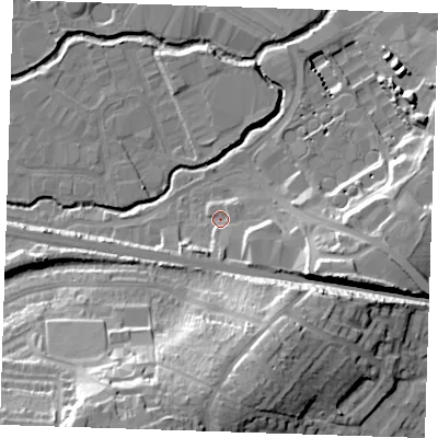 Shaded relief map of the ground around TN91GN, computed from Environment Agency LiDAR. The ground here sits at about 23 m above sea level and falls 34 m across the surrounding 800 m. Surface water reaching this point runs off ground lying to the south-south-east, 6.0 m higher.