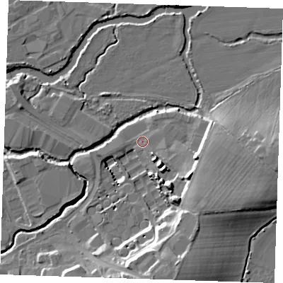 Shaded relief map of the ground around TN91GP, computed from Environment Agency LiDAR. The ground here sits at about 22 m above sea level and falls 18 m across the surrounding 800 m. Surface water reaching this point runs off ground lying to the south, 17.8 m higher.
