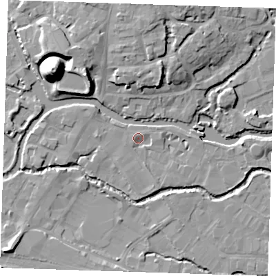 Shaded relief map of the ground around TN91GS, computed from Environment Agency LiDAR. The ground here sits at about 22 m above sea level and falls 22 m across the surrounding 800 m. Surface water reaching this point runs off ground lying to the south-south-east, 2.7 m higher.