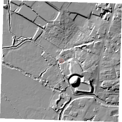 Shaded relief map of the ground around TN91HF, computed from Environment Agency LiDAR. The ground here sits at about 23 m above sea level and falls 21 m across the surrounding 800 m. Surface water reaching this point runs off ground lying to the east-north-east, 8.0 m higher.