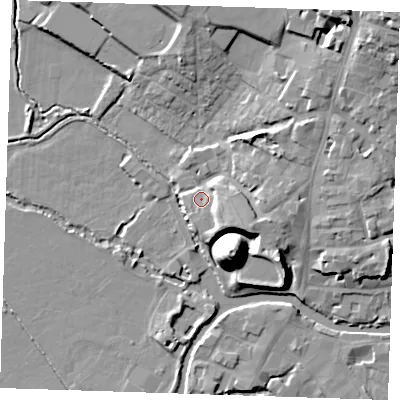 Shaded relief map of the ground around TN91HR, computed from Environment Agency LiDAR. The ground here sits at about 24 m above sea level and falls 21 m across the surrounding 800 m. Surface water reaching this point runs off ground lying to the south-east, 5.5 m higher.