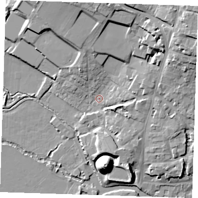 Shaded relief map of the ground around TN91HU, computed from Environment Agency LiDAR. The ground here sits at about 25 m above sea level and falls 21 m across the surrounding 800 m. Surface water reaching this point runs off ground lying to the north-east, 16.4 m higher.