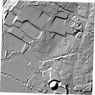 Shaded relief map of the ground around TN91JF, computed from Environment Agency LiDAR. The ground here sits at about 26 m above sea level and falls 21 m across the surrounding 800 m. Surface water reaching this point runs off ground lying to the north-north-west, 4.7 m higher.