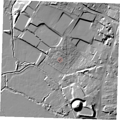 Shaded relief map of the ground around TN91JJ, computed from Environment Agency LiDAR. The ground here sits at about 26 m above sea level and falls 21 m across the surrounding 800 m. Surface water reaching this point runs off ground lying to the north-north-east, 2.2 m higher.