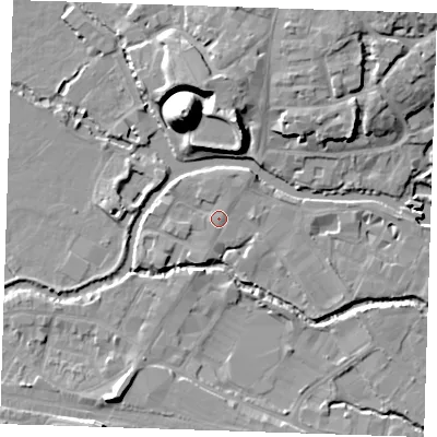 Shaded relief map of the ground around TN91JU, computed from Environment Agency LiDAR. The ground here sits at about 23 m above sea level and falls 22 m across the surrounding 800 m. Surface water reaching this point runs off ground lying to the north-east, 1.8 m higher.