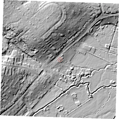 Shaded relief map of the ground around TN91PD, computed from Environment Agency LiDAR. The ground here sits at about 23 m above sea level and falls 22 m across the surrounding 800 m. Surface water reaching this point runs off ground lying to the north-west, 15.4 m higher.