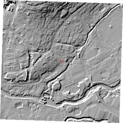 Shaded relief map of the ground around TN91PE, computed from Environment Agency LiDAR. The ground here sits at about 24 m above sea level and falls 20 m across the surrounding 800 m. Surface water reaching this point runs off ground lying to the west-north-west, 2.6 m higher.