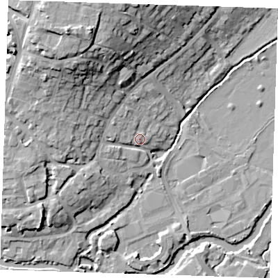 Shaded relief map of the ground around TN91PJ, computed from Environment Agency LiDAR. The ground here sits at about 24 m above sea level and falls 23 m across the surrounding 800 m. Surface water reaching this point runs off ground lying to the west-north-west, 2.8 m higher.