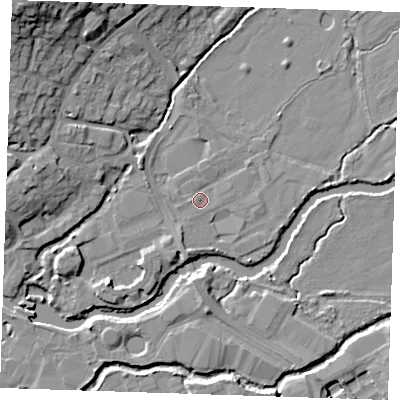 Shaded relief map of the ground around TN91PL, computed from Environment Agency LiDAR. The ground here sits at about 21 m above sea level and falls 21 m across the surrounding 800 m. Surface water reaching this point runs off ground lying to the south-south-west, 2.2 m higher.