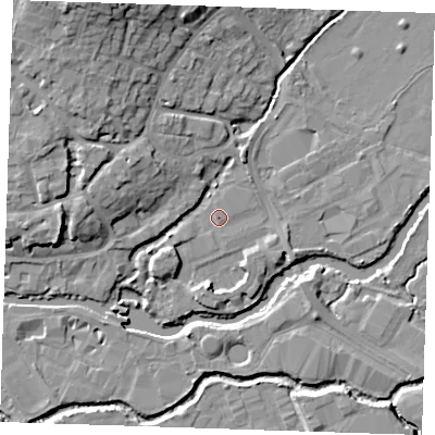 Shaded relief map of the ground around TN91PN, computed from Environment Agency LiDAR. The ground here sits at about 22 m above sea level and falls 17 m across the surrounding 800 m. Surface water reaching this point runs off ground lying to the west-north-west, 7.5 m higher.