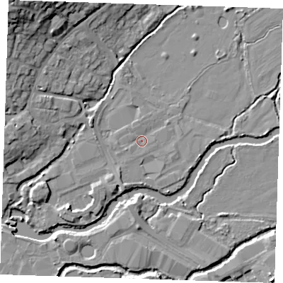 Shaded relief map of the ground around TN91PP, computed from Environment Agency LiDAR. The ground here sits at about 21 m above sea level and falls 21 m across the surrounding 800 m. Surface water reaching this point runs off ground lying to the south-south-west, 2.4 m higher.