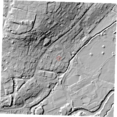 Shaded relief map of the ground around TN91PT, computed from Environment Agency LiDAR. The ground here sits at about 23 m above sea level and falls 23 m across the surrounding 800 m. Surface water reaching this point runs off ground lying to the north-west, 16.8 m higher.
