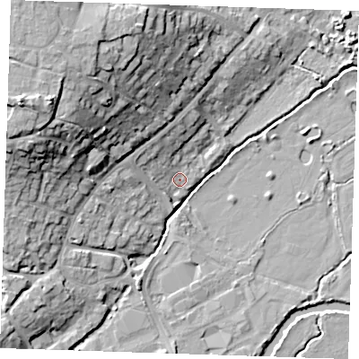 Shaded relief map of the ground around TN91PU, computed from Environment Agency LiDAR. The ground here sits at about 22 m above sea level and falls 23 m across the surrounding 800 m. Surface water reaching this point runs off ground lying to the north-west, 4.2 m higher.