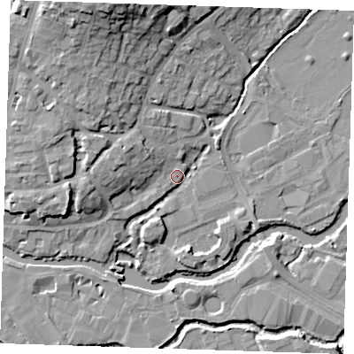 Shaded relief map of the ground around TN91PY, computed from Environment Agency LiDAR. The ground here sits at about 23 m above sea level and falls 19 m across the surrounding 800 m. Surface water reaching this point runs off ground lying to the west-north-west, 7.5 m higher.