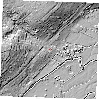 Shaded relief map of the ground around TN91QA, computed from Environment Agency LiDAR. The ground here sits at about 22 m above sea level and falls 21 m across the surrounding 800 m. Surface water reaching this point runs off ground lying to the south-west, 2.2 m higher.