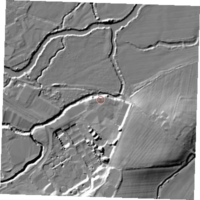 Shaded relief map of the ground around TN91QG, computed from Environment Agency LiDAR. The ground here sits at about 23 m above sea level and falls 16 m across the surrounding 800 m. Surface water reaching this point runs off ground lying to the south-south-east, 9.4 m higher.