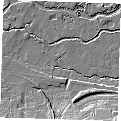 Shaded relief map of the ground around TN91QH, computed from Environment Agency LiDAR. The ground here sits at about 21 m above sea level and falls 20 m across the surrounding 800 m. Surface water reaching this point runs off ground lying to the south-south-west, 5.6 m higher.