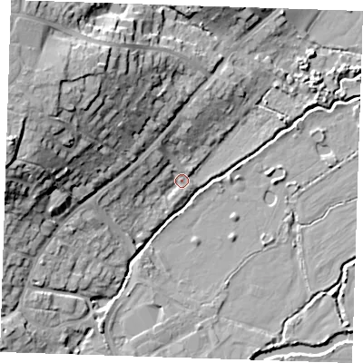 Shaded relief map of the ground around TN91QJ, computed from Environment Agency LiDAR. The ground here sits at about 21 m above sea level and falls 23 m across the surrounding 800 m. Surface water reaching this point runs off ground lying to the west-north-west, 5.6 m higher.