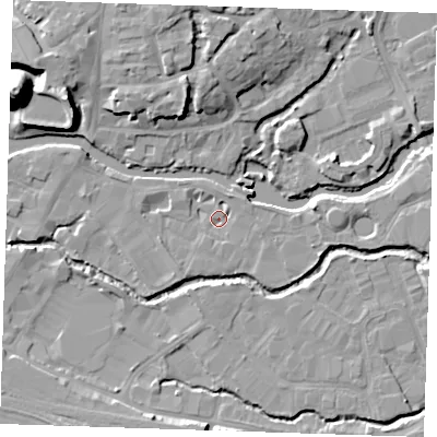 Shaded relief map of the ground around TN91QP, computed from Environment Agency LiDAR. The ground here sits at about 21 m above sea level and falls 22 m across the surrounding 800 m. Surface water reaching this point runs off ground lying to the south-west, 2.7 m higher.