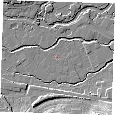 Shaded relief map of the ground around TN91QT, computed from Environment Agency LiDAR. The ground here sits at about 22 m above sea level and falls 20 m across the surrounding 800 m. The ground contributing surface water to this point lies to the south-south-east.