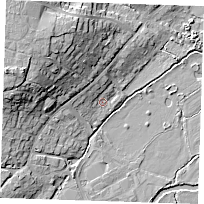 Shaded relief map of the ground around TN91QX, computed from Environment Agency LiDAR. The ground here sits at about 22 m above sea level and falls 23 m across the surrounding 800 m. Surface water reaching this point runs off ground lying to the north-west, 5.3 m higher.