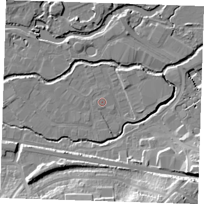 Shaded relief map of the ground around TN91RA, computed from Environment Agency LiDAR. The ground here sits at about 22 m above sea level and falls 25 m across the surrounding 800 m. The ground contributing surface water to this point lies to the north-west.