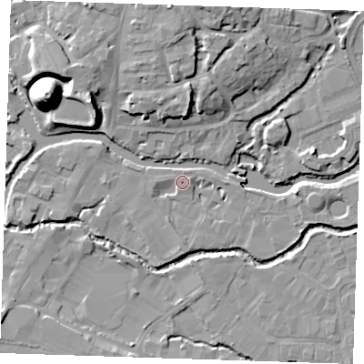 Shaded relief map of the ground around TN91RE, computed from Environment Agency LiDAR. The ground here sits at about 22 m above sea level and falls 22 m across the surrounding 800 m. Surface water reaching this point runs off ground lying to the south, 2.7 m higher.