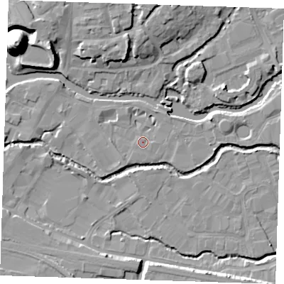 Shaded relief map of the ground around TN91RF, computed from Environment Agency LiDAR. The ground here sits at about 22 m above sea level and falls 22 m across the surrounding 800 m. Surface water reaching this point runs off ground lying to the south-west, 2.5 m higher.