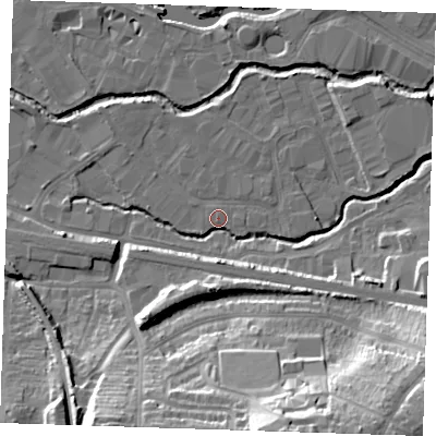 Shaded relief map of the ground around TN91RH, computed from Environment Agency LiDAR. The ground here sits at about 23 m above sea level and falls 29 m across the surrounding 800 m. Surface water reaching this point runs off ground lying to the south, 28.8 m higher.