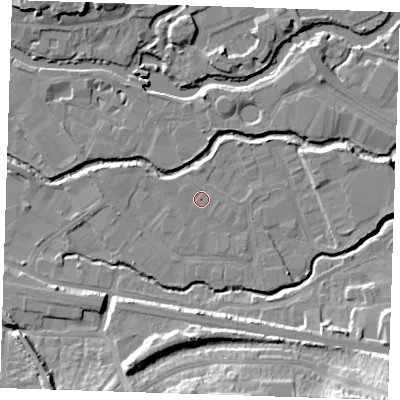 Shaded relief map of the ground around TN91RP, computed from Environment Agency LiDAR. The ground here sits at about 22 m above sea level and falls 19 m across the surrounding 800 m. The ground contributing surface water to this point lies to the west-north-west.