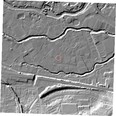 Shaded relief map of the ground around TN91RS, computed from Environment Agency LiDAR. The ground here sits at about 22 m above sea level and falls 24 m across the surrounding 800 m. The ground contributing surface water to this point lies to the north-north-west.