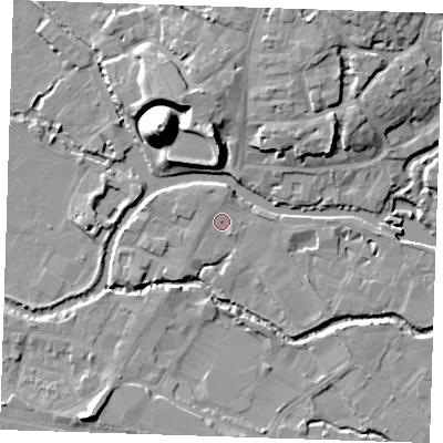 Shaded relief map of the ground around TN91RX, computed from Environment Agency LiDAR. The ground here sits at about 22 m above sea level and falls 22 m across the surrounding 800 m. Surface water reaching this point runs off ground lying to the north, 1.4 m higher.