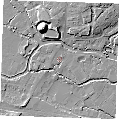 Shaded relief map of the ground around TN91SA, computed from Environment Agency LiDAR. The ground here sits at about 22 m above sea level and falls 22 m across the surrounding 800 m. Surface water reaching this point runs off ground lying to the north, 2.0 m higher.