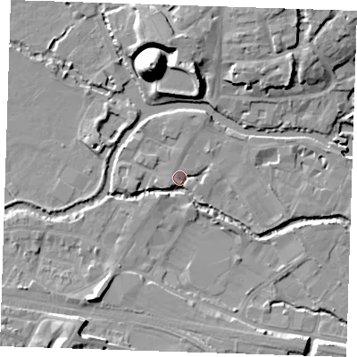 Shaded relief map of the ground around TN91SD, computed from Environment Agency LiDAR. The ground here sits at about 22 m above sea level and falls 22 m across the surrounding 800 m. Surface water reaching this point runs off ground lying to the west, 3.5 m higher.