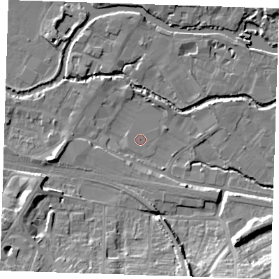 Shaded relief map of the ground around TN91SF, computed from Environment Agency LiDAR. The ground here sits at about 22 m above sea level and falls 15 m across the surrounding 800 m. Surface water reaching this point runs off ground lying to the south-east, 4.6 m higher.