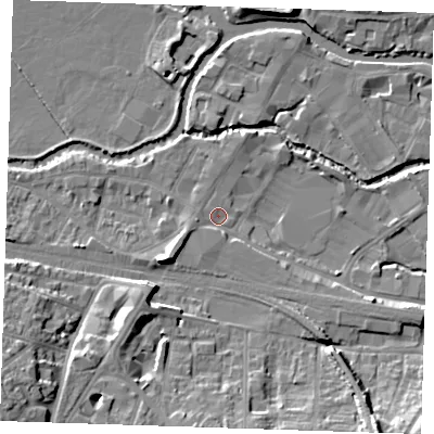 Shaded relief map of the ground around TN91SG, computed from Environment Agency LiDAR. The ground here sits at about 23 m above sea level and falls 17 m across the surrounding 800 m. Surface water reaching this point runs off ground lying to the west-south-west, 2.0 m higher.