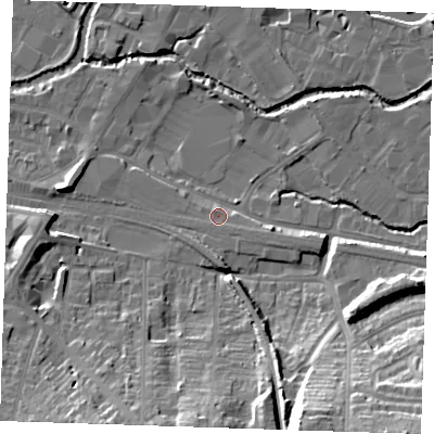 Shaded relief map of the ground around TN91SH, computed from Environment Agency LiDAR. The ground here sits at about 24 m above sea level and falls 25 m across the surrounding 800 m. Surface water reaching this point runs off ground lying to the south-east, 2.2 m higher.