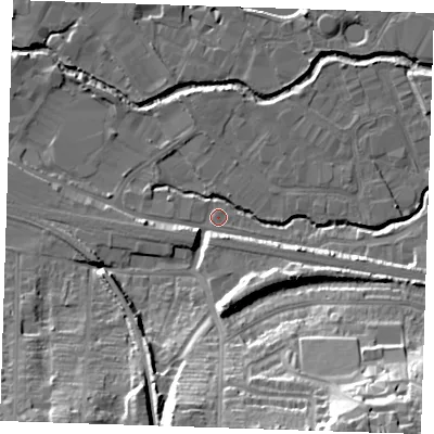 Shaded relief map of the ground around TN91SJ, computed from Environment Agency LiDAR. The ground here sits at about 22 m above sea level and falls 31 m across the surrounding 800 m. Surface water reaching this point runs off ground lying to the south-south-east, 29.2 m higher.