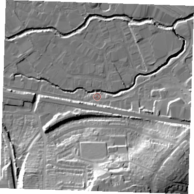 Shaded relief map of the ground around TN91SP, computed from Environment Agency LiDAR. The ground here sits at about 22 m above sea level and falls 32 m across the surrounding 800 m. Surface water reaching this point runs off ground lying to the south, 31.5 m higher.