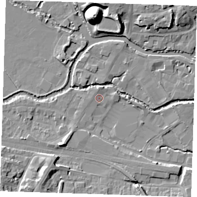 Shaded relief map of the ground around TN91SQ, computed from Environment Agency LiDAR. The ground here sits at about 23 m above sea level and falls 22 m across the surrounding 800 m. Surface water reaching this point runs off ground lying to the north, 1.2 m higher.