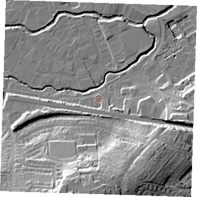 Shaded relief map of the ground around TN91SS, computed from Environment Agency LiDAR. The ground here sits at about 23 m above sea level and falls 35 m across the surrounding 800 m. Surface water reaching this point runs off ground lying to the south-south-east, 4.2 m higher.
