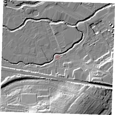 Shaded relief map of the ground around TN91ST, computed from Environment Agency LiDAR. The ground here sits at about 21 m above sea level and falls 30 m across the surrounding 800 m. Surface water reaching this point runs off ground lying to the south-west, 7.0 m higher.