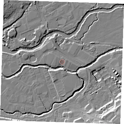 Shaded relief map of the ground around TN91SU, computed from Environment Agency LiDAR. The ground here sits at about 22 m above sea level and falls 18 m across the surrounding 800 m. Surface water reaching this point runs off ground lying to the north-west, 1.6 m higher.