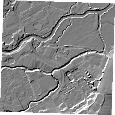 Shaded relief map of the ground around TN91SW, computed from Environment Agency LiDAR. The ground here sits at about 22 m above sea level and falls 17 m across the surrounding 800 m. Surface water reaching this point runs off ground lying to the south-south-east, 2.1 m higher.