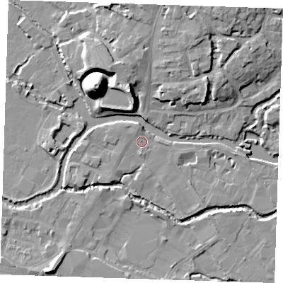Shaded relief map of the ground around TN91SY, computed from Environment Agency LiDAR. The ground here sits at about 22 m above sea level and falls 22 m across the surrounding 800 m. Surface water reaching this point runs off ground lying to the north-west, 1.0 m higher.