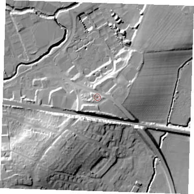 Shaded relief map of the ground around TN91TB, computed from Environment Agency LiDAR. The ground here sits at about 33 m above sea level and falls 34 m across the surrounding 800 m. Surface water reaching this point runs off ground lying to the south-south-east, 3.8 m higher.