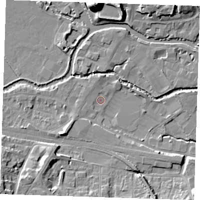 Shaded relief map of the ground around TN91TE, computed from Environment Agency LiDAR. The ground here sits at about 22 m above sea level and falls 22 m across the surrounding 800 m. Surface water reaching this point runs off ground lying to the south-west, 2.4 m higher.