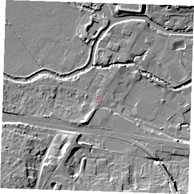 Shaded relief map of the ground around TN91TF, computed from Environment Agency LiDAR. The ground here sits at about 23 m above sea level and falls 18 m across the surrounding 800 m. Surface water reaching this point runs off ground lying to the south, 1.1 m higher.